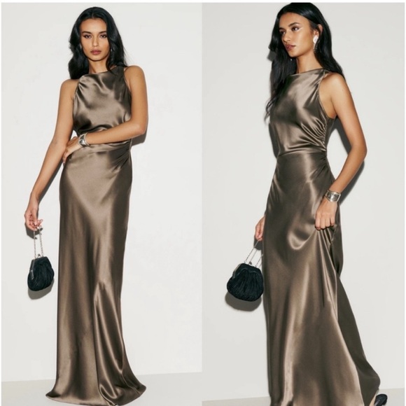 NEW NWT Reformation Anaiis Silk Dress High Neck Open Back Maxi Dress Morel Brown - Picture 2 of 13